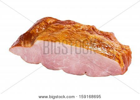 Piece of Smoked Carving Ham Isolated on White Background. Selective focus.