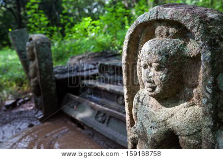The sculpture of deserted Buddhist temple in Anruadapura Sri Lanka