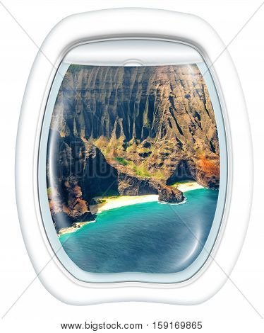Plane window on Na Pali coast, Kauai, Hawaii, United States, from a plane through the porthole. Copy space.