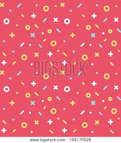 Geometric pattern with circles, dotes, pluses and crosses. Red background for the cover of the Memphis style or background