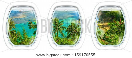 Three plane windows on Kee Beach, Kauai, Hawaii, United States, from a plane on the porthole windows. Copy space.