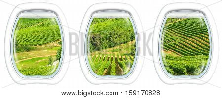 Three plane windows on grapevine of Constantia Valley, Cape Town in South Africa, from a plane on the porthole windows. Copy space.