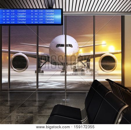 white plane in airport at non flying weather