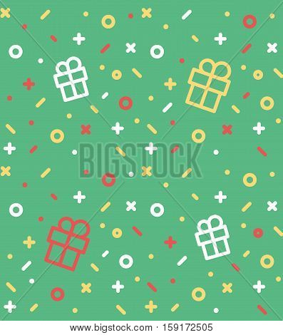 Geometric pattern with gift, circles, dotes, pluses and crosses. Green holyday background for the cover of the Memphis style or background