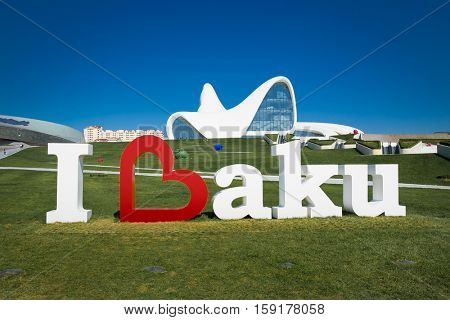 BAKU,AZERBAIJAN-OKT 4, 2016: Welcome in baku, Heydar Aliyev Center on Oct 4, 2016 in Baku, Azerbaijan. Heydar Aliyev Center won the Design Museum's Designs of the Year Award in 2014
