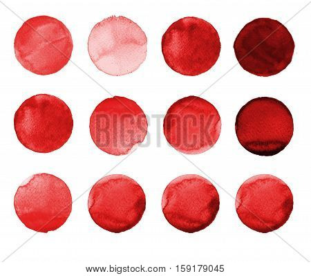 Set Of Burgundy, Brown Color Watercolor Hand Painted Circle Isolated On White. Illustration For Arti