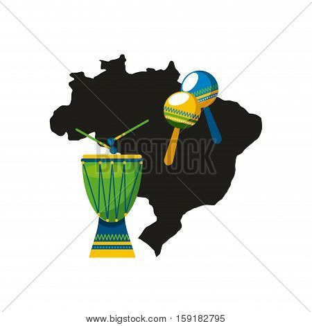 maracas and drum instrument of brazil musical culture over country map and white background. colorful design. vector illustration
