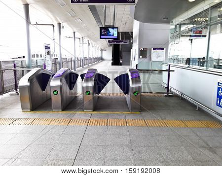 NONTHABURI THAILAND - OCTOBER 1 : Ticket counter and gate of Mass Rapid Transit Authority of Thailand (MRTA) or MRT Purple Line for people use on October 1 2016 in Nonthaburi Thailand
