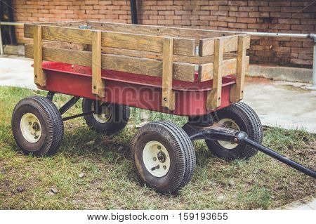 Red Cart With Wood Panel For Argriculture