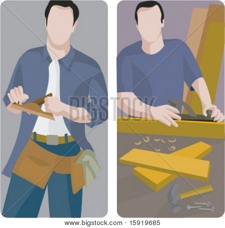 A set of 2 vector illustrations of workers planing wooden planks.