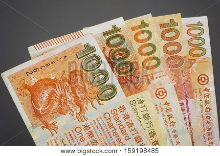 closeup one thousand Hong Kong Dollars bills