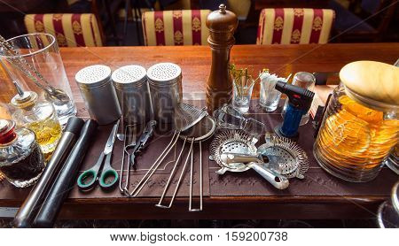 Bartender tools on bar at the night club