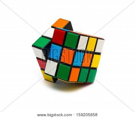 Estonia, Tallinn, Novemberr 30, 2016. Rubik's cube on the white background. Selective focus