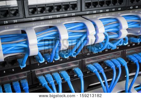 Server rack with blue internet patch cord cables connected to patch panel in server room