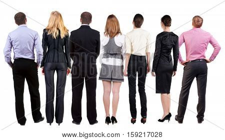 Back view of  business team looks at wall.  Teamwork business people looking at something. Rear view people collection.  backside view of person.  Isolated over white background.