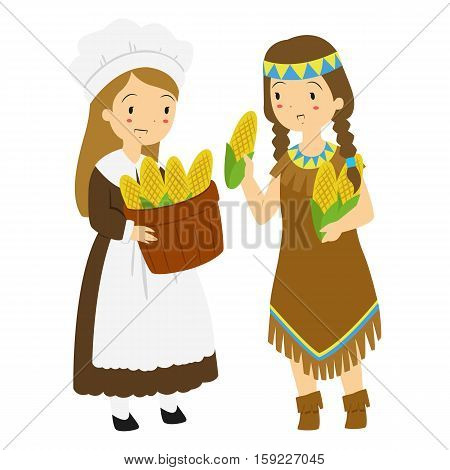 Pilgrim and Native girl are harvesting corns and collect them in a basket.