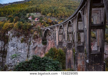 Durdevica Tara Arc Bridge In The Autumn Mountains, Montenegro.