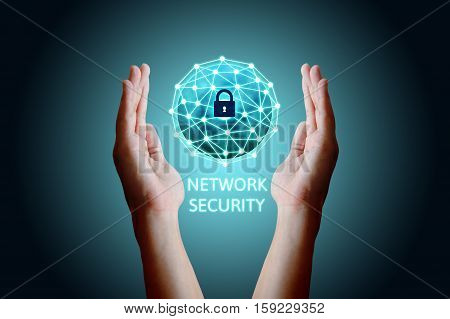 Cyber security network concept Young asian man holding global network security.
