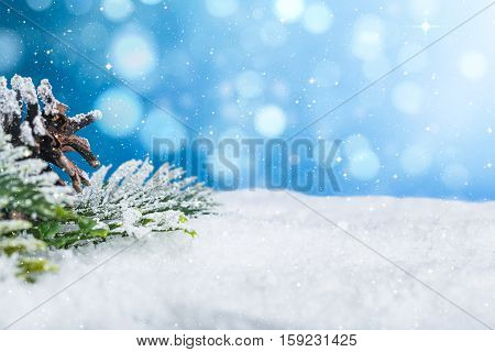 snow background closeup decoration white christmas space snowflakes branch horizontal copy space nobody xmas pine glitter card holiday concept - stock image