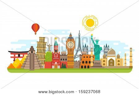 World famous travel landmark, international symbols vector tourism concept background. Famous monuments building, culture architecture monument illustration
