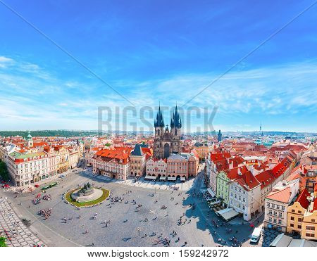 Kostel Panny Marie pred Tynem. Church of the Virgin Mary. Old Town Square in Prague with Tyn church from Clock Tower.