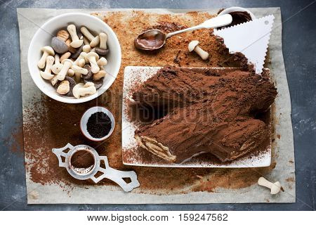 Christmas Bush de Noel - homemade chocolate yule log cake cooking decoration Christmas log chocolate cream and cocoa Christmas and New Year holiday traditional recipe step by step