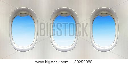 Airplane window and Fantastic soft white clouds against blue sky. 3 plane window.