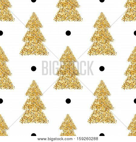 Glitter gold fir-trees and black dots on white background. Seamless pattern. Golden shiny figures. Decorative elements.
