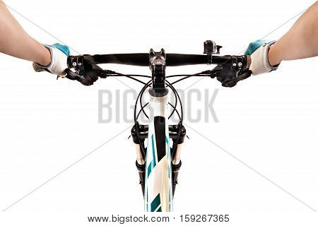 Close up bicycle rider's hands on a mountain bicycle handlebar isolated on white background. Studio shot.