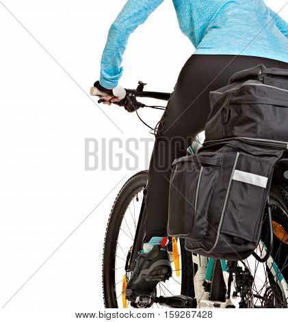 Female mtb cyclist with saddlebag isolated on white background. Studio shot. Rear view.