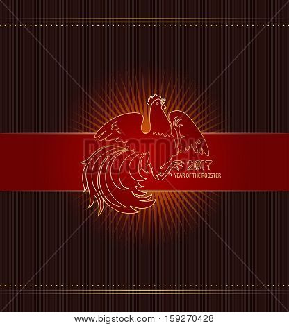 2017, the Year of the Fire Rooster in Chinese Horoscope. Red and gold colors, symbol of new year. Fire element. Hand drawn sketchy cartoon clip-art, illustration
