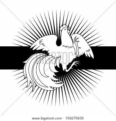 2017, the Year of the Fire Rooster in Chinese Horoscope. Black and white, symbol of new year. Fire element. Hand drawn sketchy cartoon clip-art, illustration