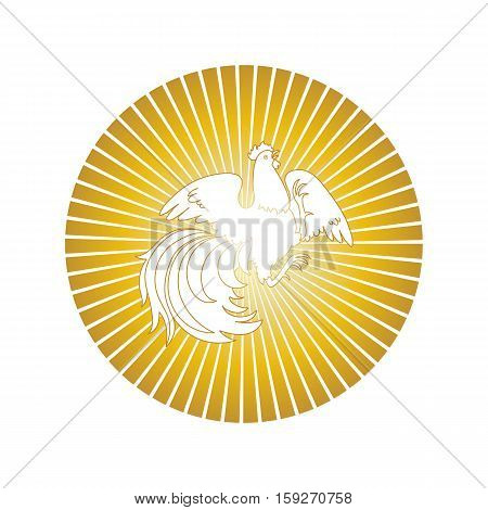 2017, the Year of the Fire Rooster in Chinese Horoscope. Gold colors, symbol of new year. Fire element. Hand drawn sketchy cartoon clip-art, illustration