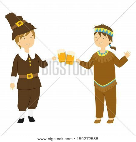 Happy pilgrim and native boy are cheering with pumpkin ale.