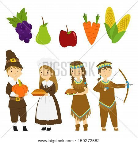 Set of Thanksgiving Native American and Pilgrim characters, fruits and vegetables illustration.