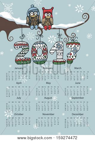 Calendar 2017 with Owl couple on branch.VEctor New Year poster.Knitting numbers, snowflakes.Sign of seasons, handmade symbol.Holiday winter background.Week starts from sunday, american.Vertical