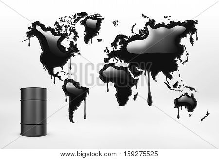 3d rendering of geographical mapcolored in black and a oil barrel on the white background. Natural catastrophies. Oil industry. Pollution all over the world.