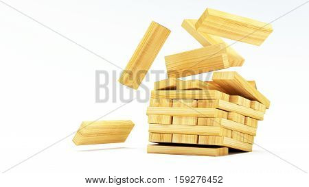 blocks wood game (jenga) on white background with copy space 3d illustration