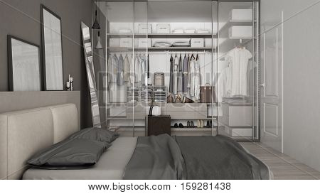 Classic minimal bedroom with walk-in closet, 3d illustration
