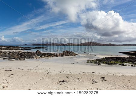 White sand beach Scottish island of Iona Scotland uk Inner Hebrides view to the Isle of Mull