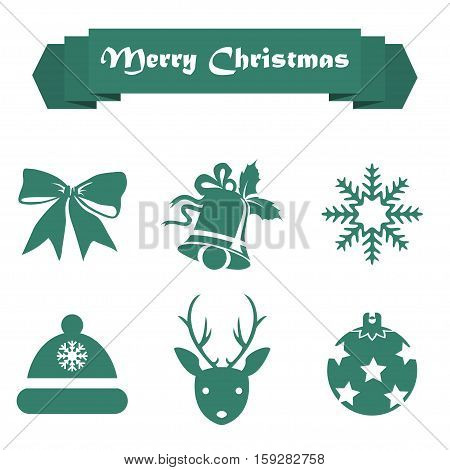 Set of Christmas icons on a white background with ribbon