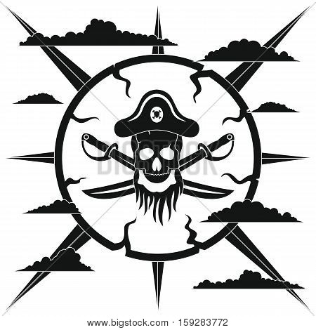 Black pirate label. Pirate illustration in black simple style isolated on white background. Elements for illustration infographics and banners.