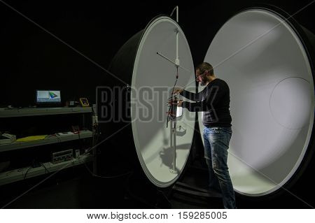 Saint-Petersburg Russia - November 30 2016: Integrating sphere photometer ball in the enterprise laboratories for the study of the characteristics of light and technical devices