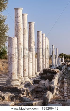 Ancient columnated street ruins from the Turkish town of Side.