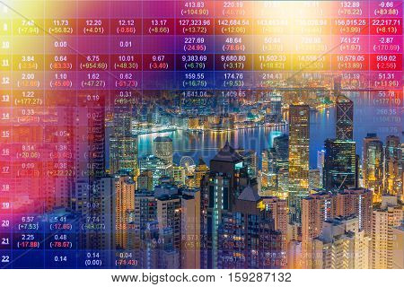 Double Exposure Of Stocks Market Chart In Blue On Led Display Concept With City Scape Hong Kong Back