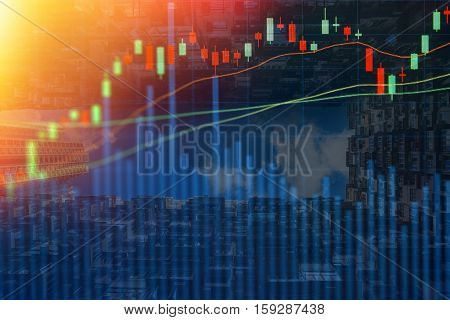 Double Exposure Of Stocks Market Chart In Blue On Led Display Concept With City Scape Hong Kong Back