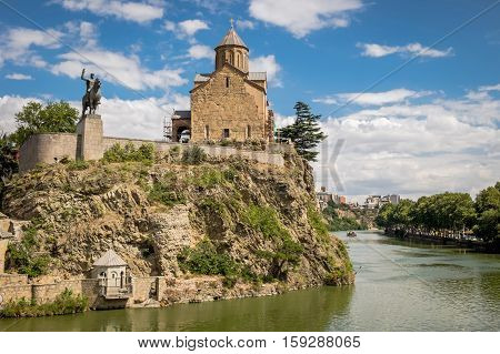 Metekhi Church And Monument Of King Vakhtang I Gorgasali In Tbilisi