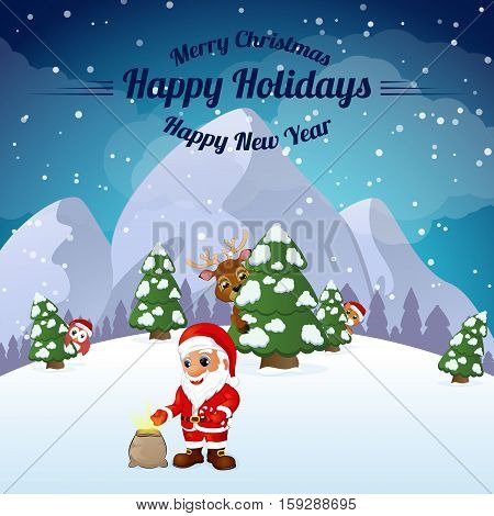 Greeting Cards Happy New Year and Merry Christmas kitten with Santa, deer and owl vector illustration