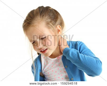Cute little girl having neck pain, isolated on white