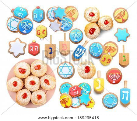 Hanukkah collage on white background. Hanukkah celebration concept.